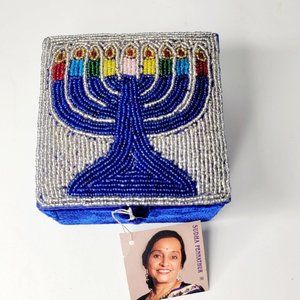 Sudha Pennathur Hanukkah Box with Glass Beaded Menorah Blue Satin Velvet…